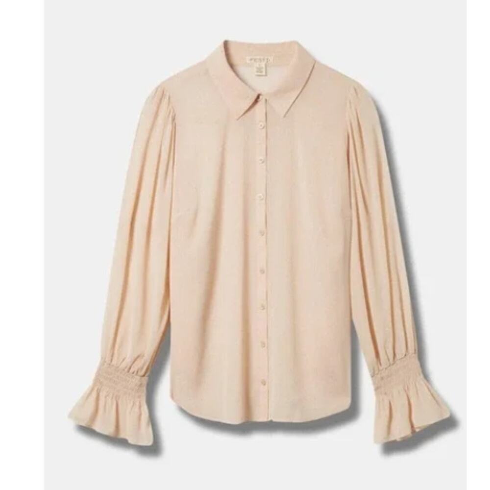 SALE Torrid Festi Tissue Weight Chiffon Button Front Top Blouse Beige Sz 2 Flaw